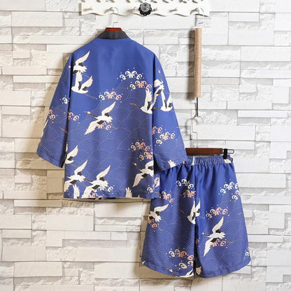 Floral Crane Sun Cardigan Kimono Outerwear Shorts Set - D