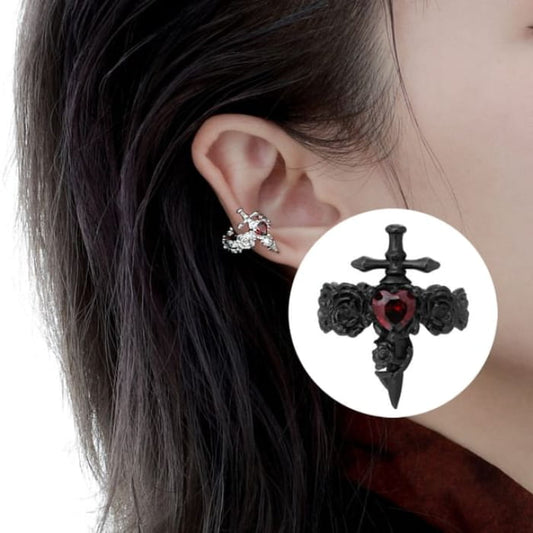 Floral Cross Rhinestone Ear Cuff - EH2573 - 1 Pair - Silver