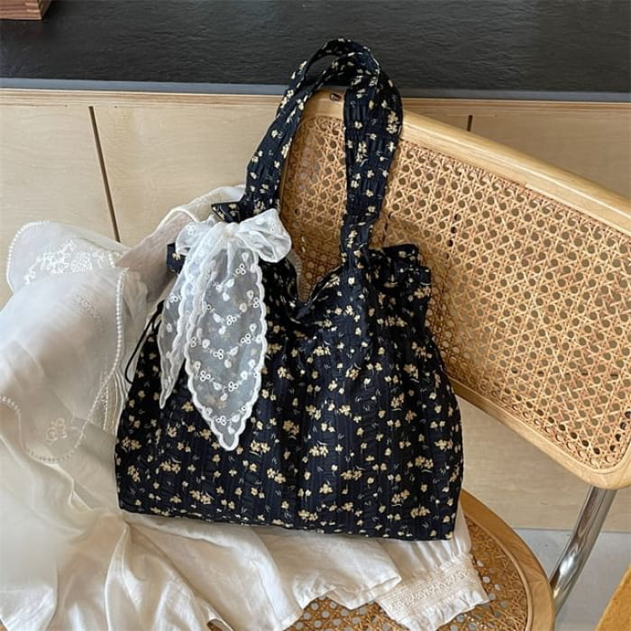 Floral Drawstring Shopper Bag / Neckerchief / Set - of 2