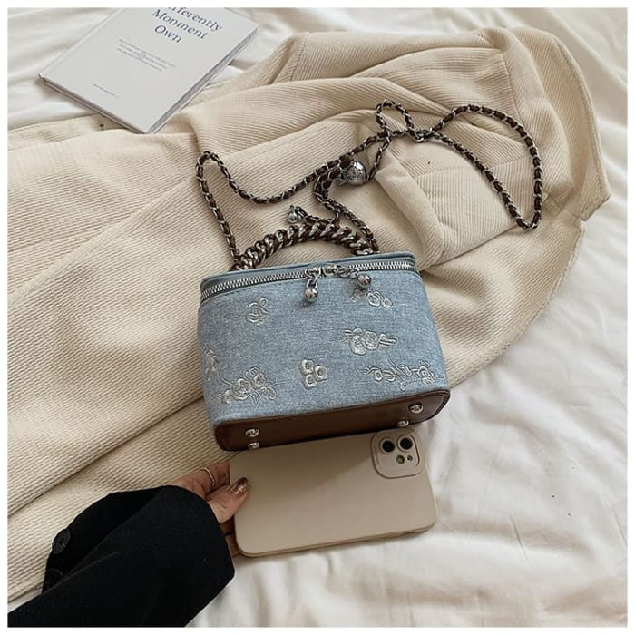 Floral Embroidered Top Handle Box Crossbody Bag