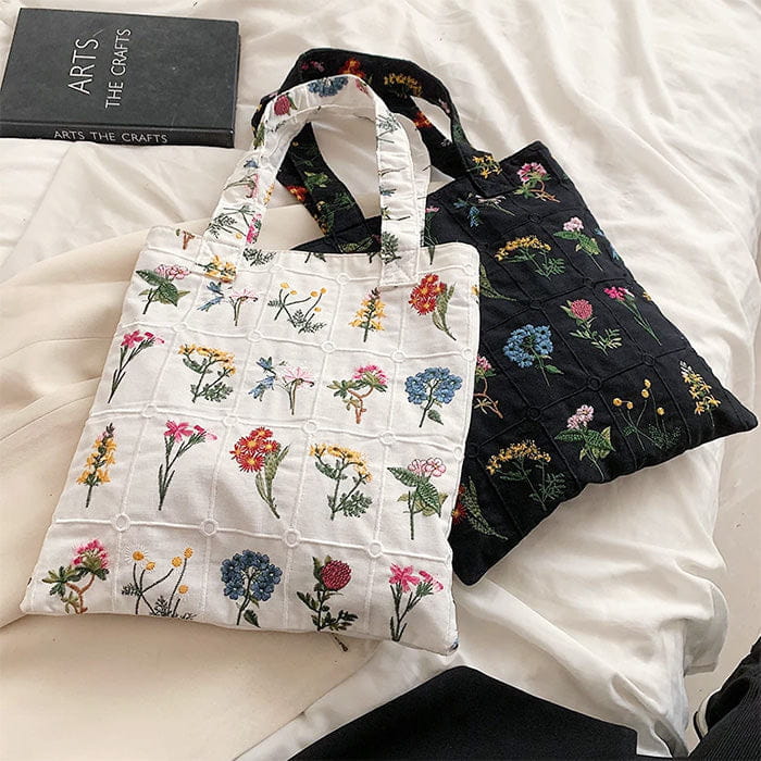 Floral Embroidered Tote Bag - Handbags