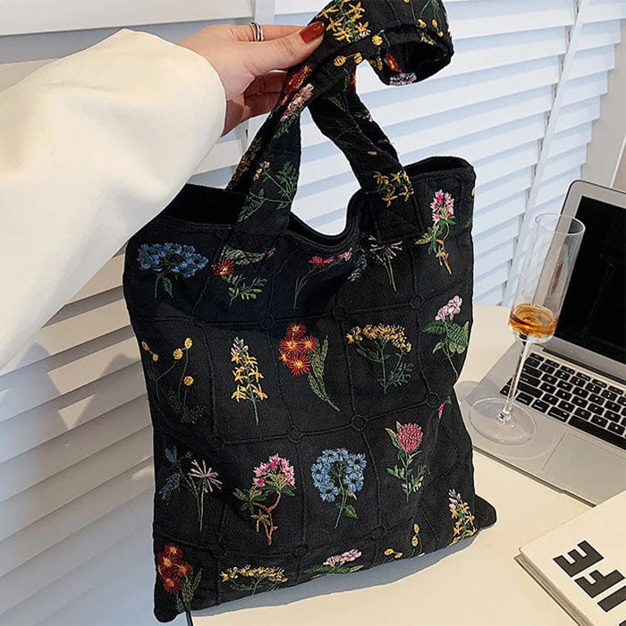 Floral Embroidered Tote Bag - Handbags