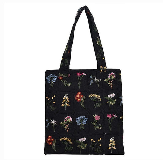 Floral Embroidered Tote Bag - Standart / Black - Handbags