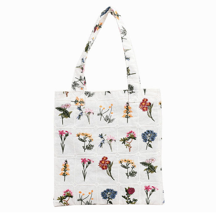 Floral Embroidered Tote Bag - Standart / White - Handbags