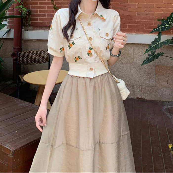 Floral Embroidery Lapel Pocket T-Shirt Long Skirt