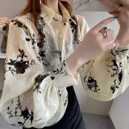 Floral Embroidery Puff Sleeve Chiffon Shirt