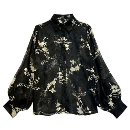 Floral Embroidery Puff Sleeve Chiffon Shirt