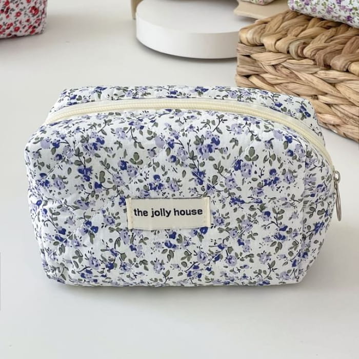 Floral Fabric Makeup Bag / Pencil Case - Blue - White