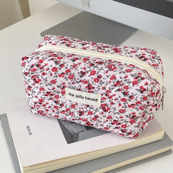 Floral Fabric Makeup Bag / Pencil Case - Dark Red - White