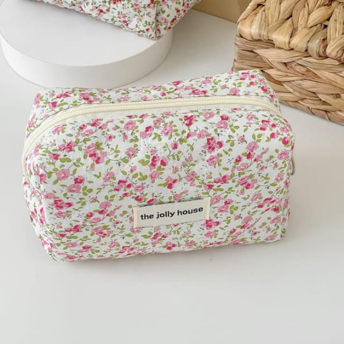 Floral Fabric Makeup Bag / Pencil Case - Green & Pink