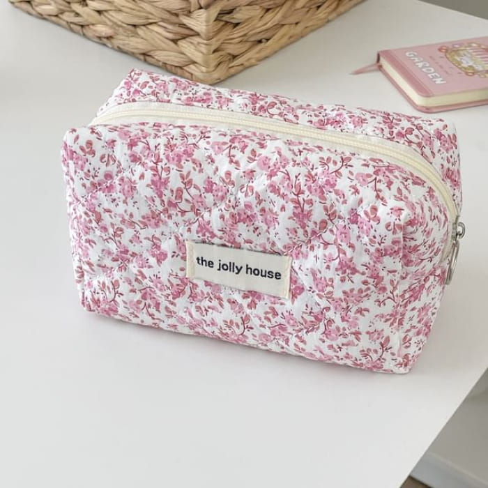 Floral Fabric Makeup Bag / Pencil Case - Pink - White