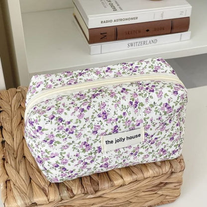 Floral Fabric Makeup Bag / Pencil Case - Purple - White