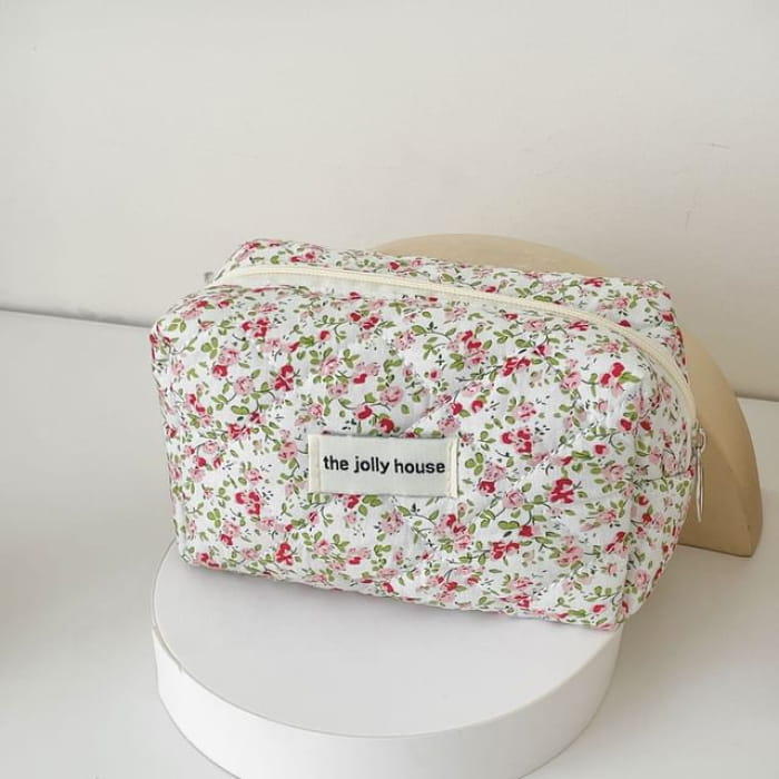 Floral Fabric Makeup Bag / Pencil Case - Red - White