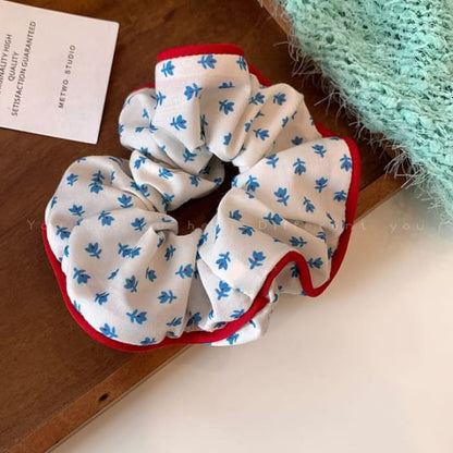 Floral Fabric Scrunchie - 632 - Blue - White / One Size