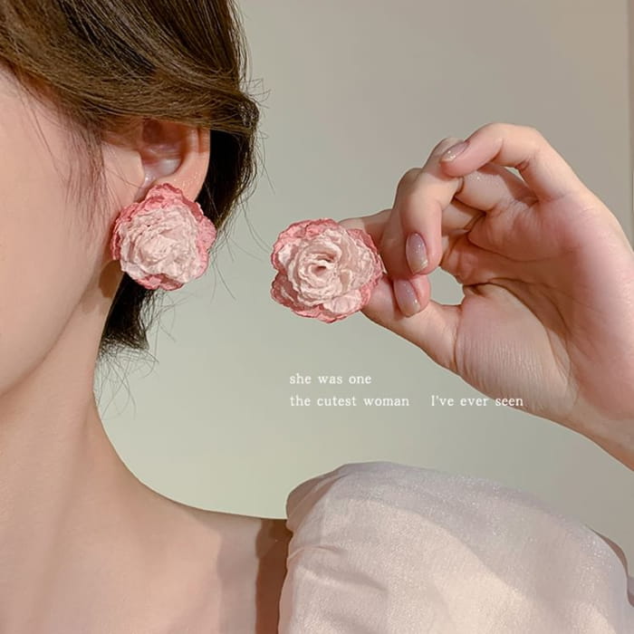 Floral Fabric Stud Earring - 1 Pair - 925 Silver Earrings