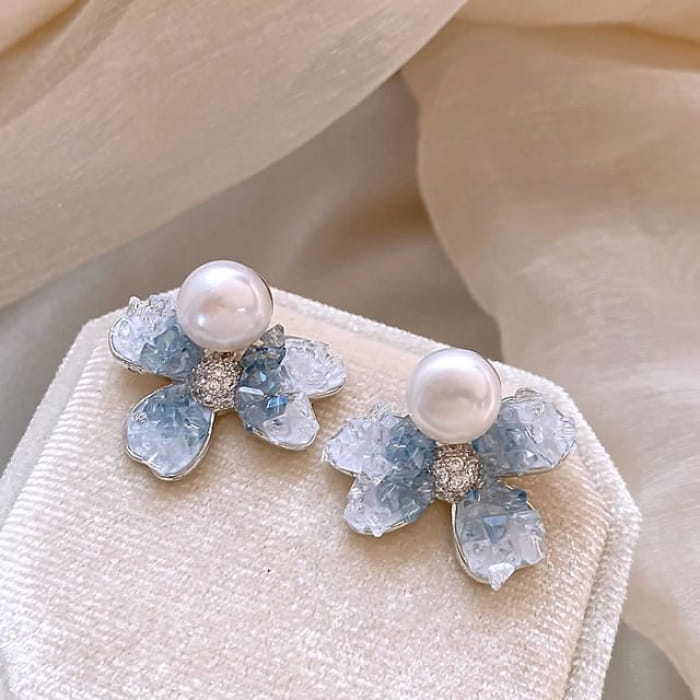 Floral Faux Crystal Pearl Alloy Drop Earring - 1 Pair