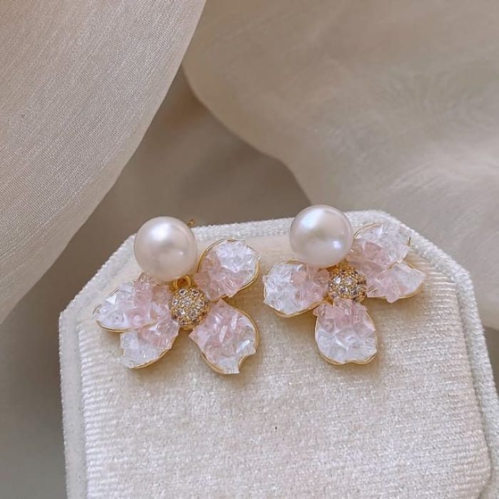 Floral Faux Crystal Pearl Alloy Drop Earring - 1 Pair