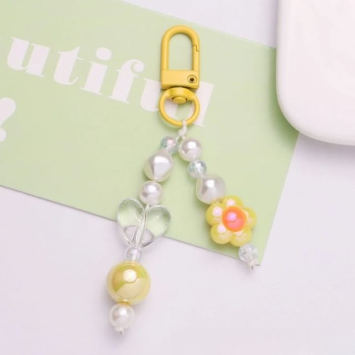 Floral Faux Pearl Bag Charm Keyring - Q1286-3 - Yellow