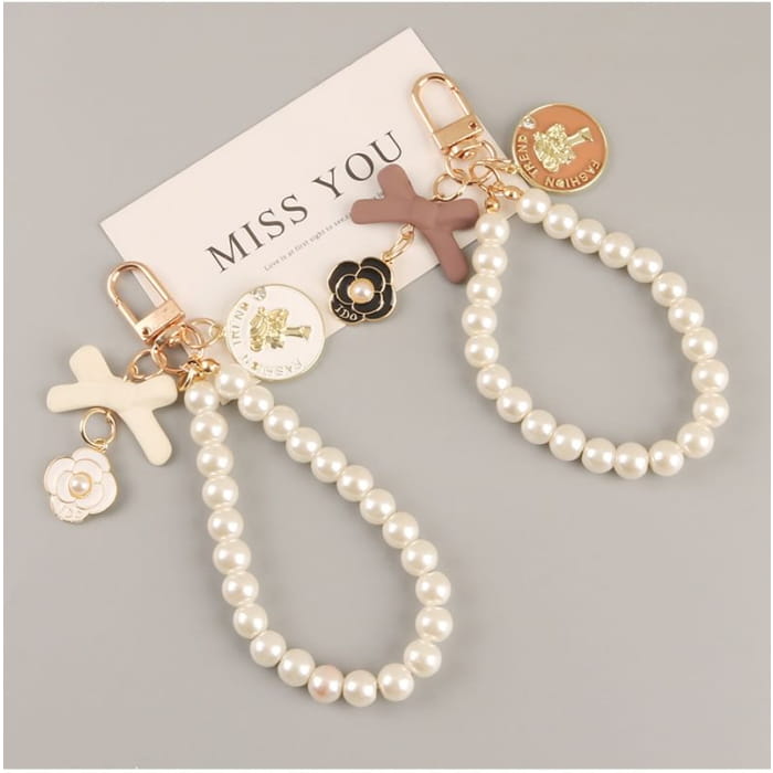 Floral Faux Pearl Bag Charm Keyring (Various Designs)