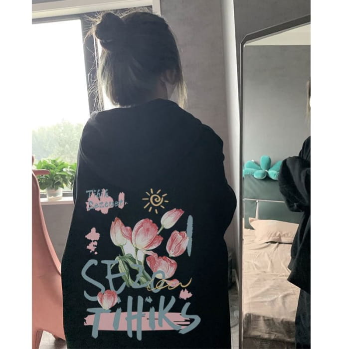 Floral Lettering Print Fleece-Lined Hoodie