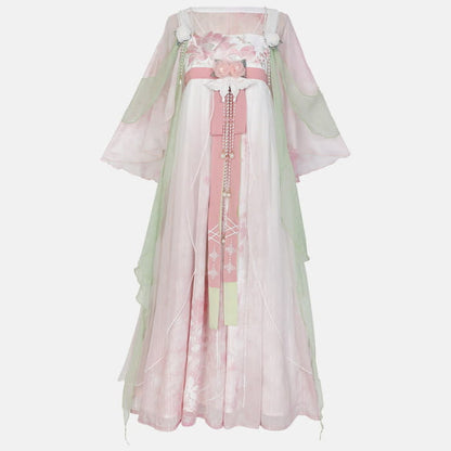 Floral Mesh Dress Hanfu Costume - Pink / S