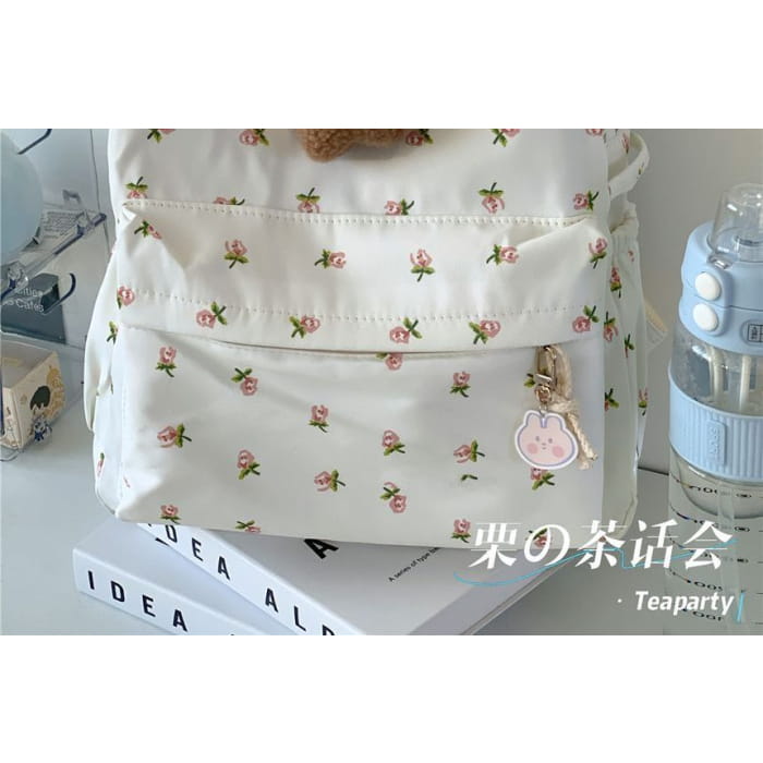 Floral Multi-Pocket Backpack / Bag Charm / Set - Clothing