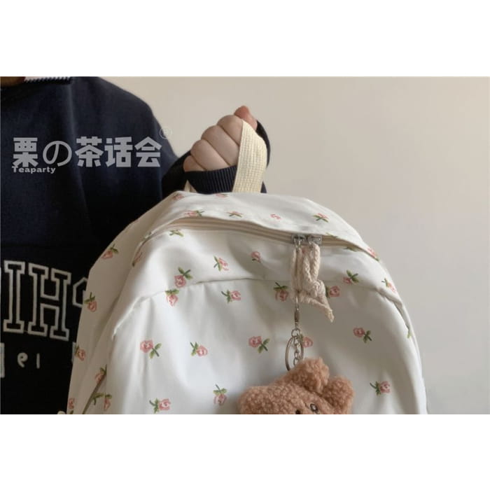 Floral Multi-Pocket Backpack / Bag Charm / Set - Clothing