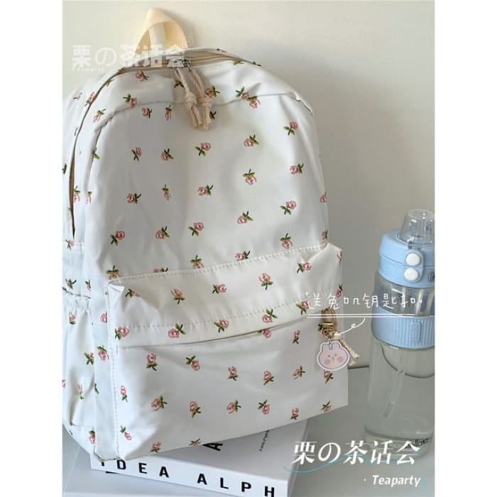 Floral Multi-Pocket Backpack / Bag Charm / Set - Off-White