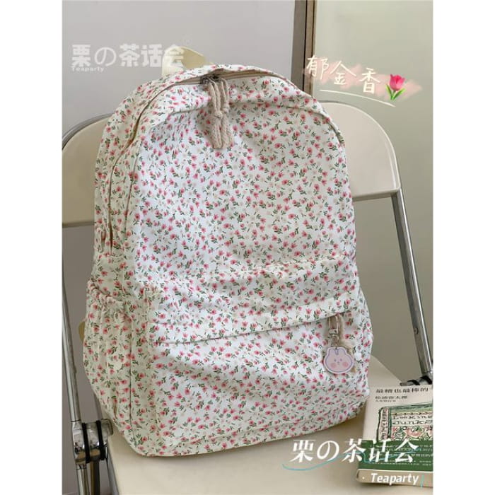 Floral Multi-Pocket Backpack / Bag Charm / Set - Pink