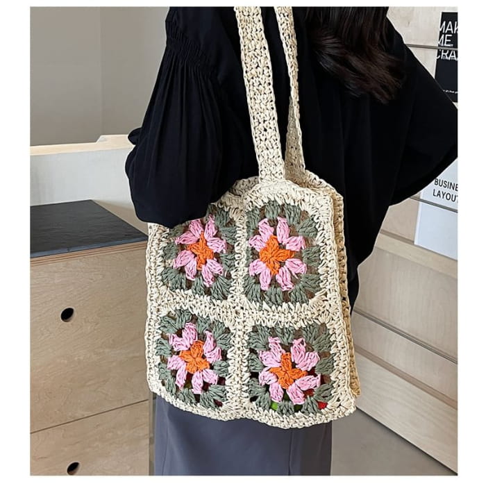 Floral Patterned Straw Tote Bag