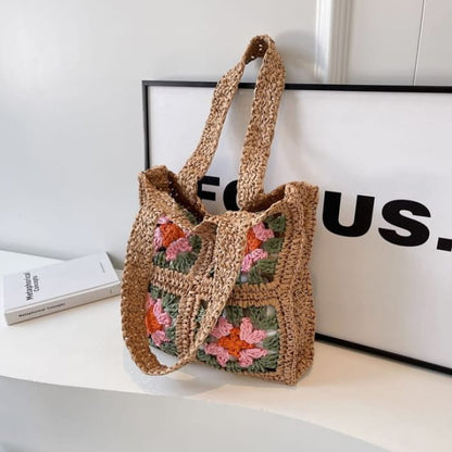 Floral Patterned Straw Tote Bag - Khaki / One Size