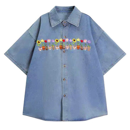 Floral Pots Embroidery Denim Shirt - M / Blue - Shirts