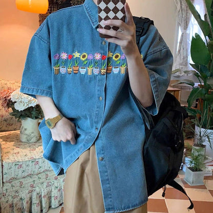 Floral Pots Embroidery Denim Shirt - Shirts