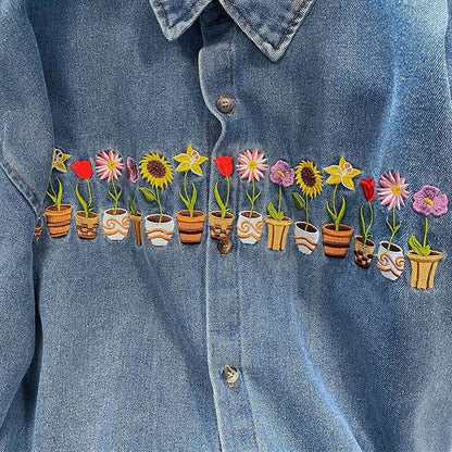 Floral Pots Embroidery Denim Shirt - Shirts