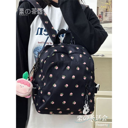 Floral Print Backpack - With Peach Face Charm - Black