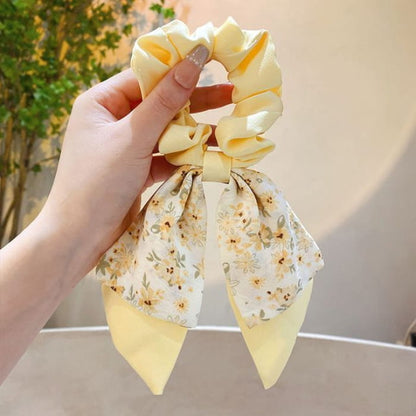 Floral Print Bow Scrunchie - 515 - Yellow / One Size