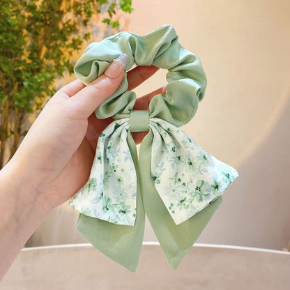 Floral Print Bow Scrunchie - 516 - Green / One Size