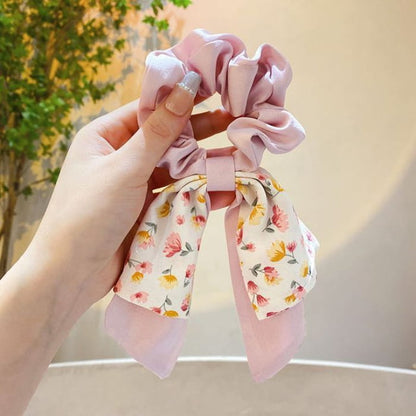 Floral Print Bow Scrunchie - 517 - Pink / One Size