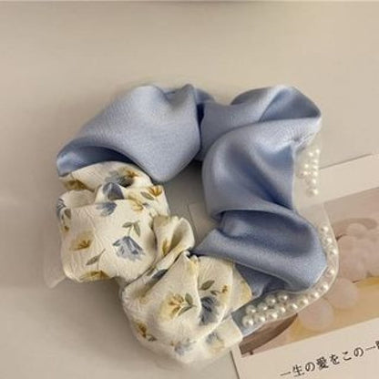 Floral Print Bow Scrunchie - 523 - Hair Tie - Blue