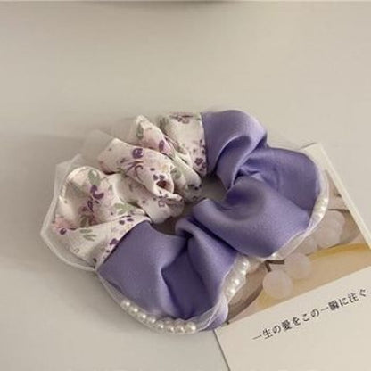 Floral Print Bow Scrunchie - 524 - Hair Tie - Purple