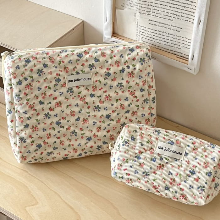 Floral Print Corduroy Pouch / Makeup Bag / Clutch