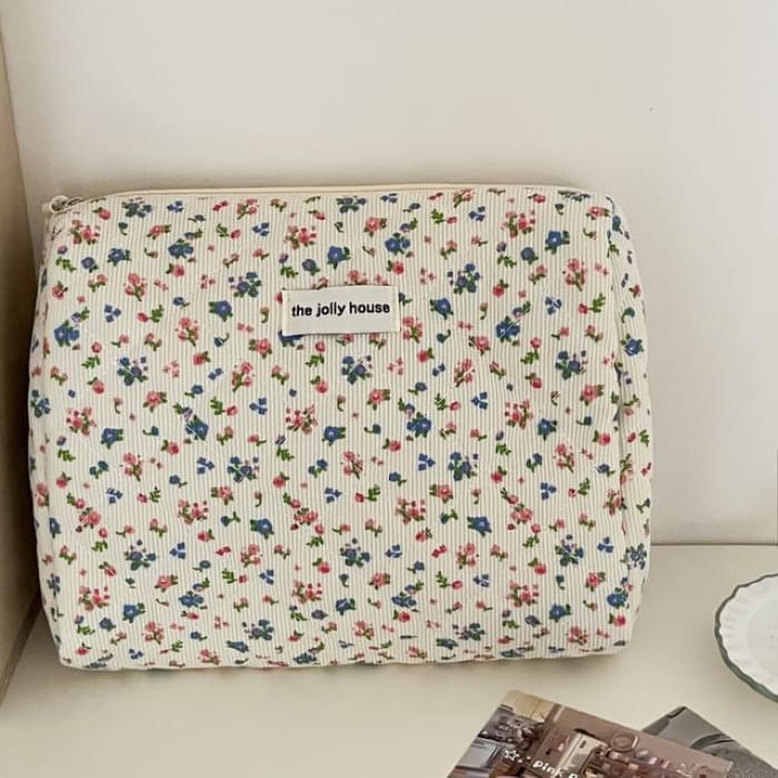 Floral Print Corduroy Pouch / Makeup Bag / Clutch - Pink &