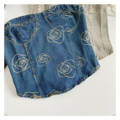 Floral Print Denim Crop Bustier Top