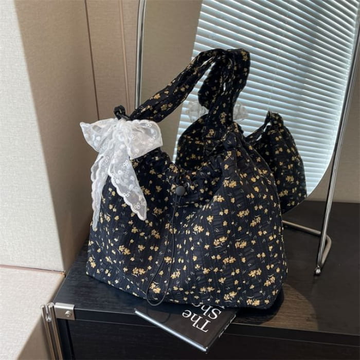 Floral Print Drawstring Tote Bag / Lace Scarf / Set - 0Set