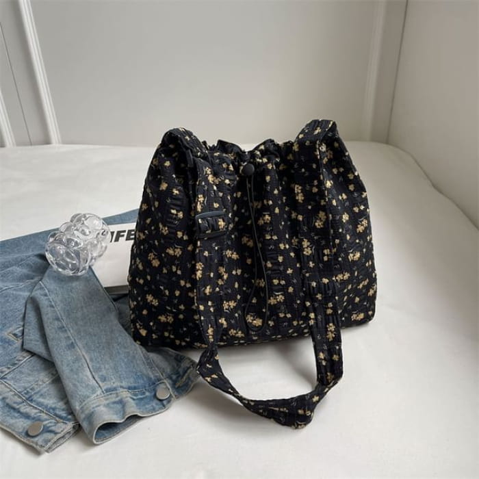 Floral Print Drawstring Tote Bag / Lace Scarf / Set - Black