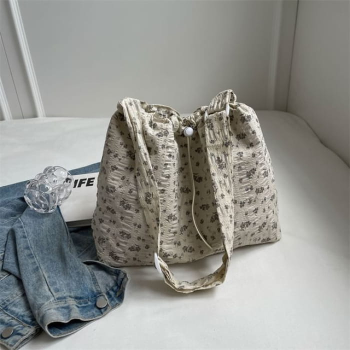 Floral Print Drawstring Tote Bag / Lace Scarf / Set