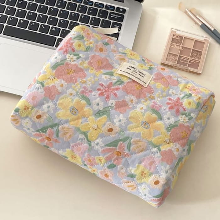 Floral Print Fabric Pouch / Makeup Bag / Clutch - Pink &