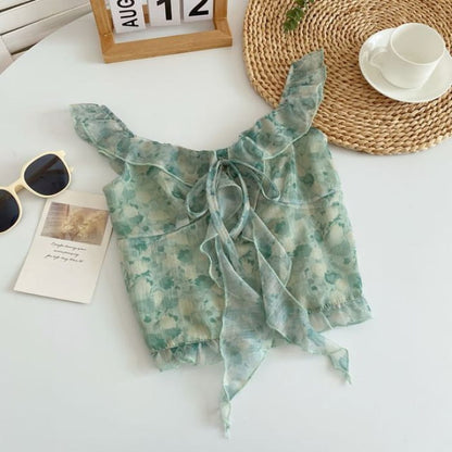 Floral Print Ruffled Camisole Top - Light Green / One Size