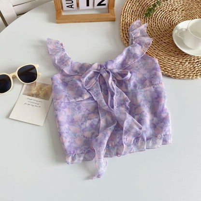 Floral Print Ruffled Camisole Top - Light Purple / One Size