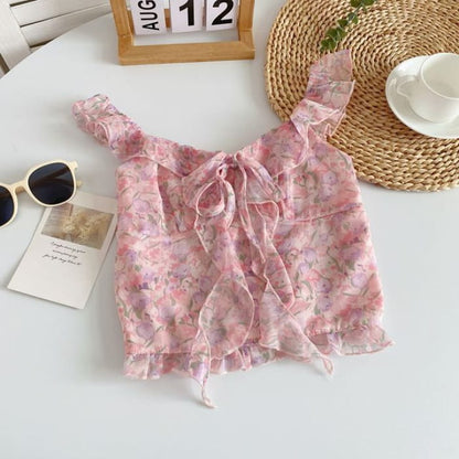 Floral Print Ruffled Camisole Top - Pink / One Size